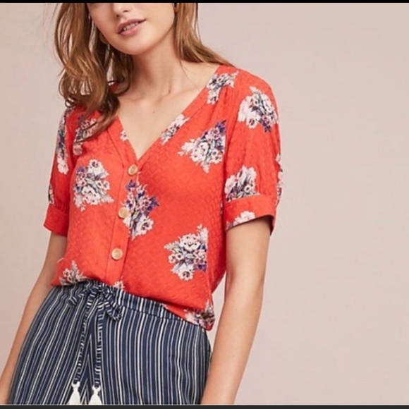 Anthropologie Tops - Rare Anthropologie Orange Floral Print Top | 6